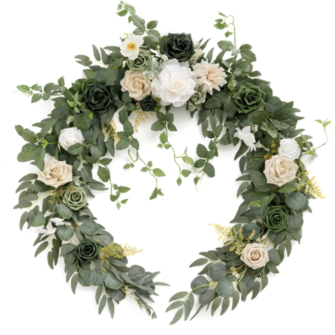 6 Foot Eucalyptus Garland with White/Green/Cream Flowers 