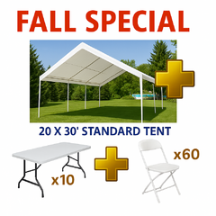 <div style='text-align: center; font-family: sans-serif; font-size: 1rem; padding: 1rem;'>
  <span style='font-weight: bold; color: #8B4513;'>20x30 Tent</span> + 
  <span style='font-weight: bold; color: #8B4513;'>10 Tables</span> + 
  <span style='font-weight: bold; color: #8B4513;'>60 Chairs</span><br>
  <span style='text-decoration: line-through; color: #B23A48;'>Reg $849</span> 
  <span style='color: #4B2E2B; font-size: 1.15rem; font-weight: bold;'>ONLY $749</span><br>
  <img src='' alt='' style='width: 100%; max-width: 220px; margin-top: 0.75rem; border-radius: 6px;'>
</div>
