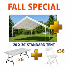 <div style='text-align: center; font-family: sans-serif; font-size: 1rem; padding: 1rem;'>
  <span style='font-weight: bold; color: #8B4513;'>20x30 Tent</span> + 
  <span style='font-weight: bold; color: #8B4513;'>6 Tables</span> + 
  <span style='font-weight: bold; color: #8B4513;'>36 Chairs</span><br>
  <span style='text-decoration: line-through; color: #B23A48;'>Reg $849</span> 
  <span style='color: #4B2E2B; font-size: 1.15rem; font-weight: bold;'>ONLY $549</span><br>
  <img src='' alt='' style='width: 100%; max-width: 220px; margin-top: 0.75rem; border-radius: 6px;'>
</div>
