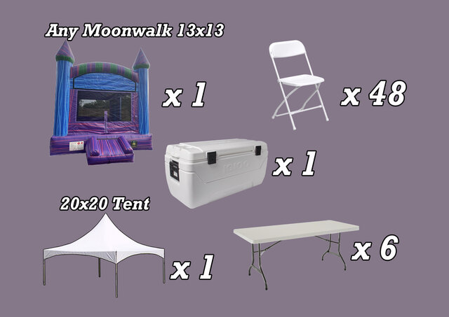 Package 12 INCLUDES: 1 Moonwalk 13'x13' | 6 Tables 6 Ft | 48 Chairs | 1 Tent 20x20 Ft | 1 Ice Cooler