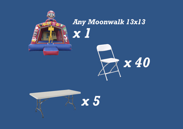 Package 5 INCLUDES: 1 Moonwalk 13'x13' | 5 Tables 6 Ft | 40 Chairs