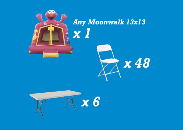 Package 6 INCLUDES: 1 Moonwalk 13'x13'  | 6 Tables 6 Ft | 48Chairs