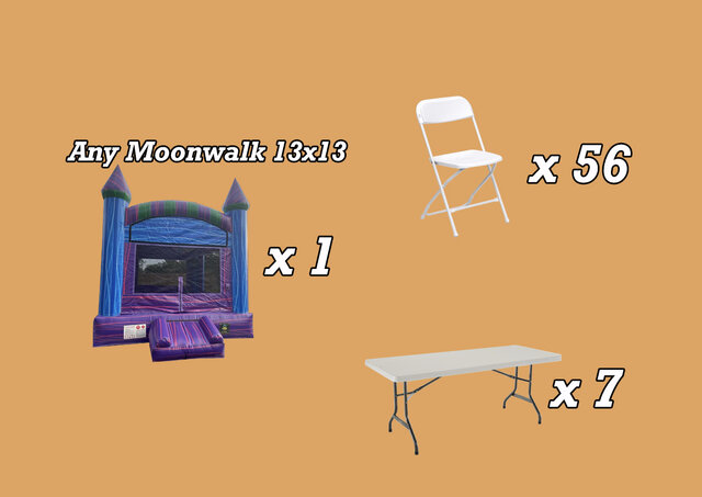 Package 7 INCLUDES: 1 Moonwalk 13'x13' | 7 Tables 6 Ft | 56 Chairs