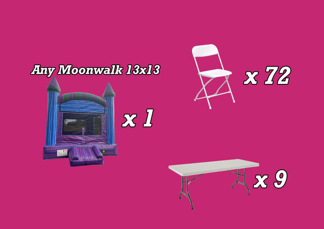 Package 9 INCLUDES: 1 Moonwalk 13'x13' | 9 Tables 6 Ft |  72 Chairs