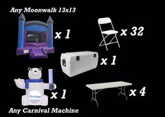 Package 1 INCLUDES: 1 Moonwalk 13'x13' | 1 Carnival Machine | 4 Table 6 Ft  | 32 Chairs | 1 Ice Cooler 