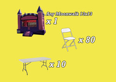 Package 10 INCLUDES: 1 Moonwalk 13'x13' | 10 Tables 6 Ft |  80 Chairs