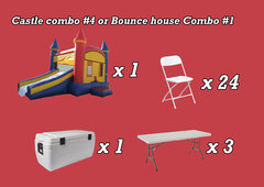 Package 11 INCLUDES: 1 Moonwalk Combo 2 in 1 |  3 Tables 6 Ft |  24 Chairs | 1 Ice Cooler 