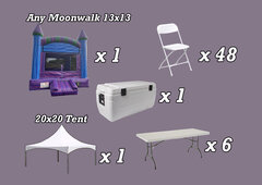Package 12 INCLUDES: 1 Moonwalk 13'x13' | 6 Tables 6 Ft | 48 Chairs | 1 Tent 20x20 Ft | 1 Ice Cooler