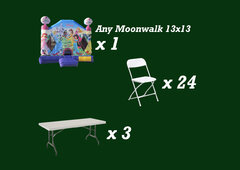Package 3 INCLUDES: 1 Moonwalk 13'x13' |  3 Tables 6 Ft |  24 Chairs