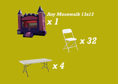 Package 4 INCLUDES:  1 Moonwalk 13'x13' | 4 Tables 6 Ft | 32 Chairs