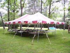 20' x 30' Pole Tent White / Red Stripes  Customer Set Up  (Tools Not Included) Staked in the ground