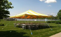 20' x 20' Pole Tent White / Yellow Stripes Customer Set Up (Tools Not Included) Staked in the ground