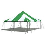 20' x 20' Pole Tent White / Green Stripes Customer Set Up (Tools Not Included) Staked in the ground