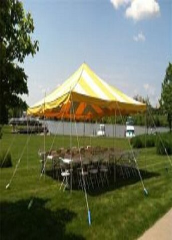 Do it Yourself Set of 20 x 20 Pole Tent Striped White & Yellow w/4 Tables and 30 Folding chair White Outdoor  (Tools Not Included) Staked in the ground