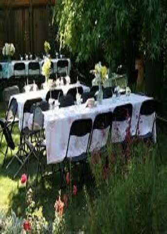 Set of 6ft Rect Table and 6 White Chairs w/linen Lap Length Tablecloth (Ivory,Black or White)