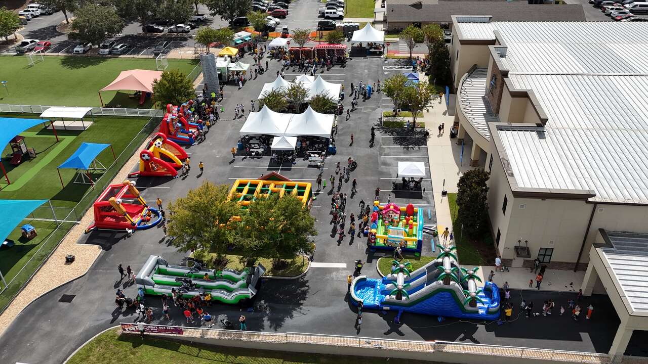 Bounce house and inflatable rentals set up for a church event in Orlando