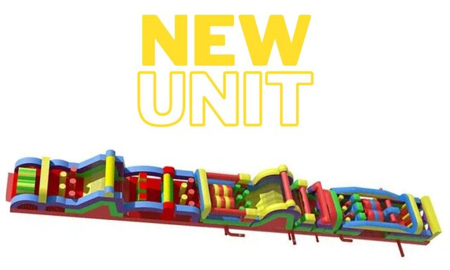 100-foot mega rainbow obstacle course rental in Travelers Rest, SC, showcasing a long multi-element inflatable layout built for festivals, school events, and large outdoor gatherings.