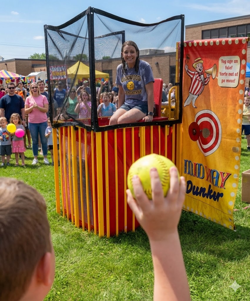 First-person view of a student throwing a softball at a yellow and red carnival dunk tank featuring a smiling school principal at a festival in Easley, SC.