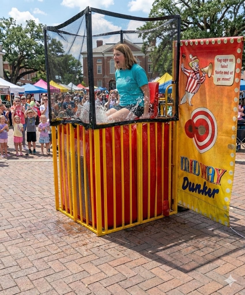 A female dunk tank participant in a turquoise t-shirt reacting with excitement as she falls into a red and yellow Midway Dunker tank during a busy outdoor community festival on a brick-paved town square.