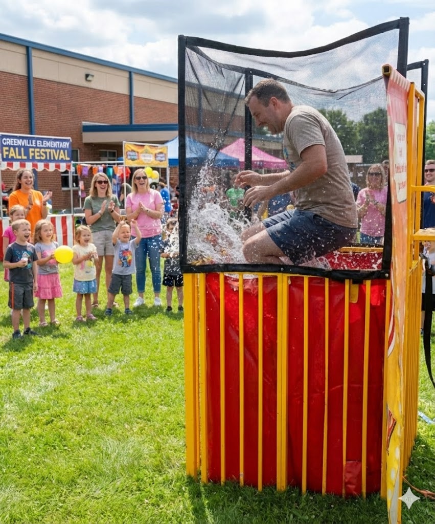 A volunteer splashing into a yellow and red dunk tank rental at a school festival in Greer, SC, surrounded by cheering students and families.