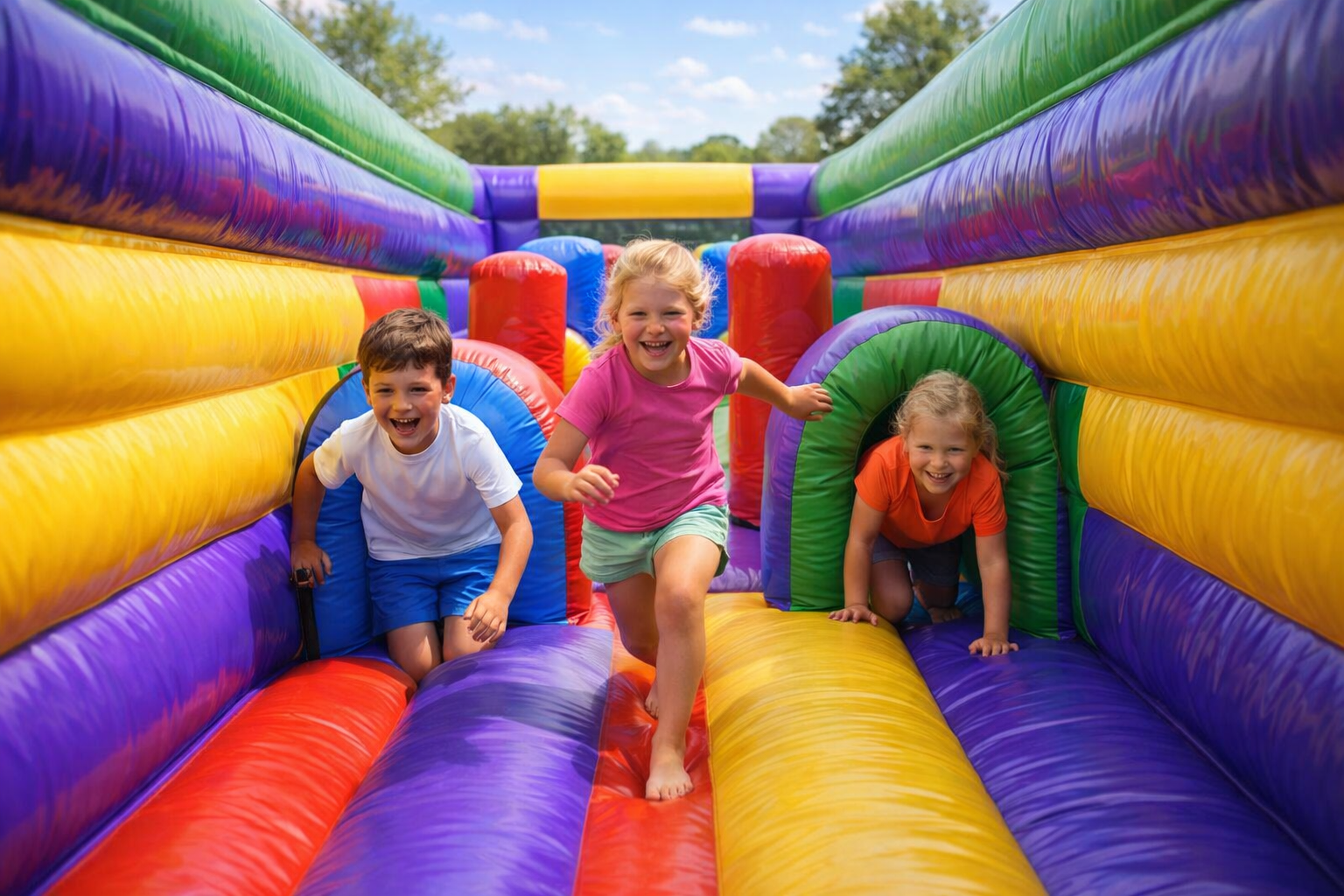 Kids playing inside a fully enclosed inflatable obstacle course rental in Greer, SC at a school or community event