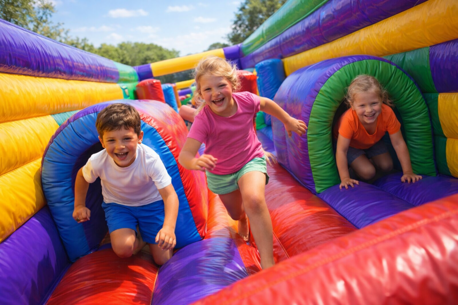 Children racing through a colorful inflatable obstacle course at an outdoor event in the Parker, South Carolina area