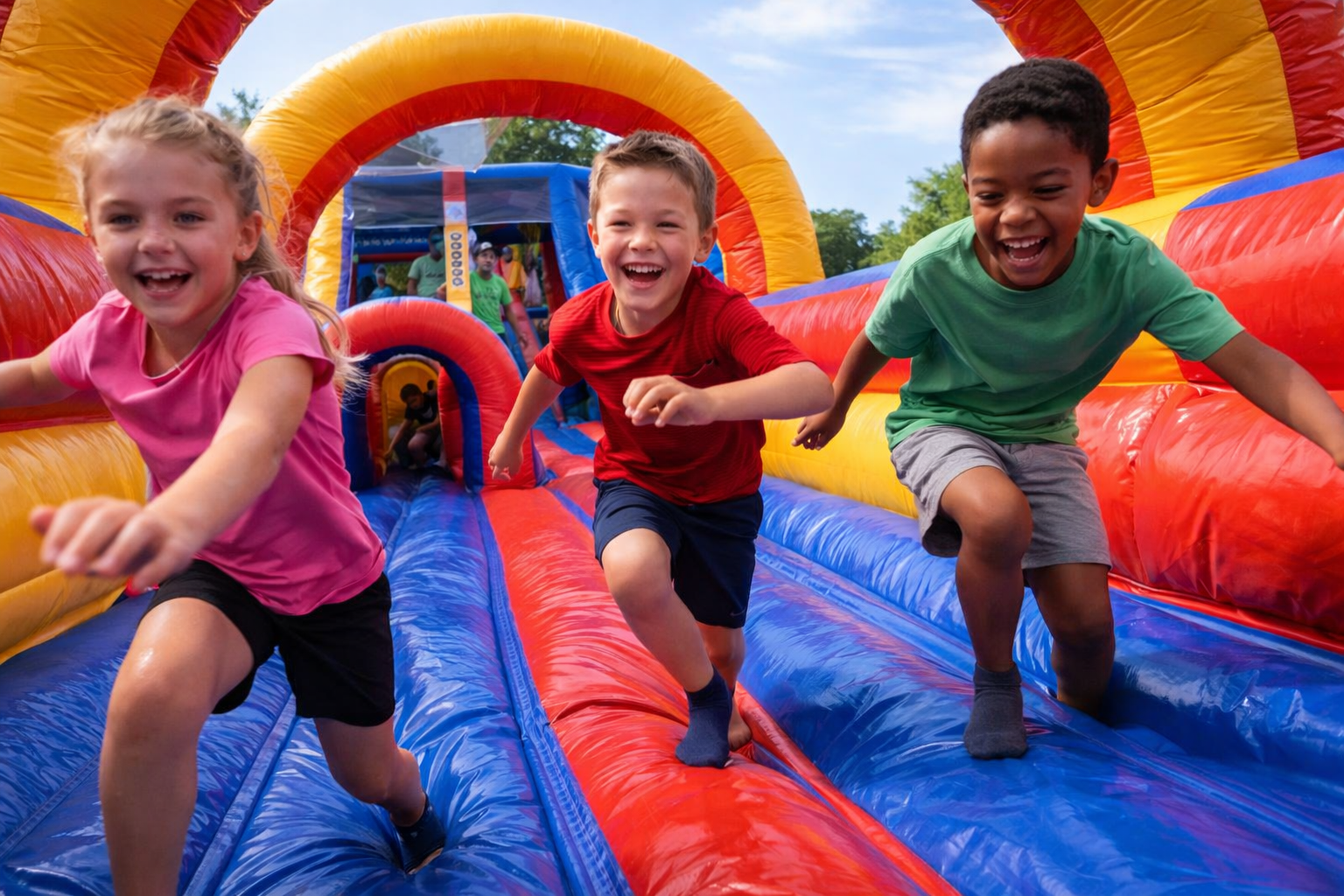 Children running through the inside of a colorful inflatable obstacle course during a community event in Piedmont, South Carolina