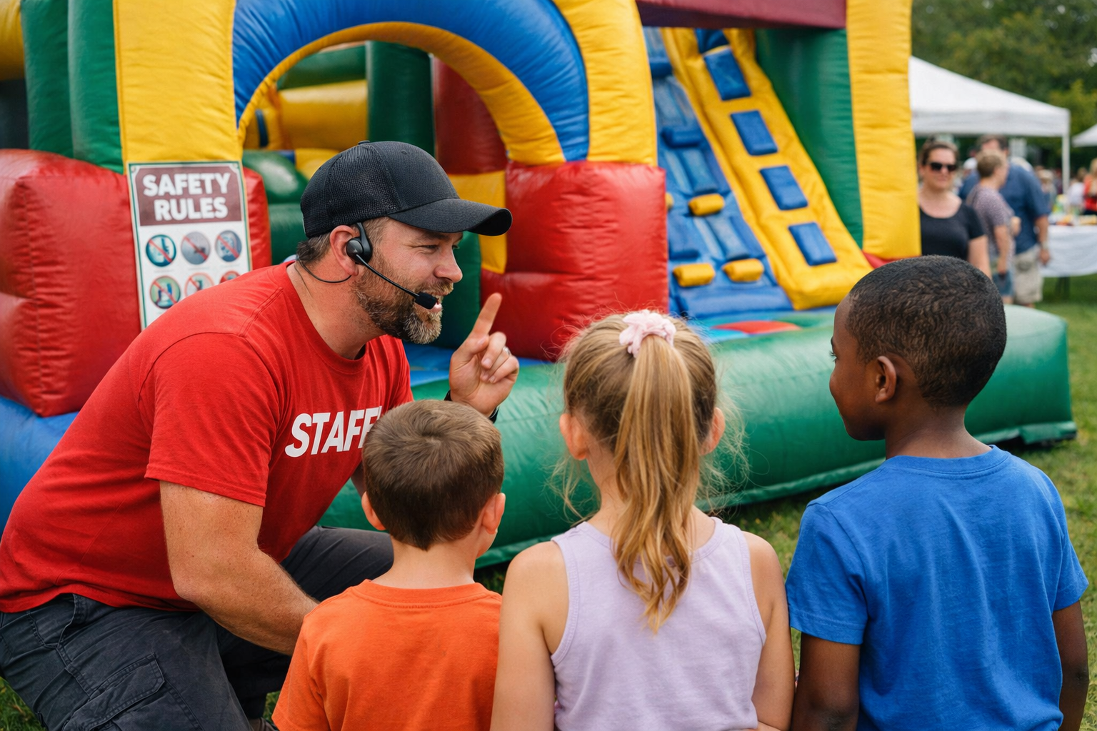 Staff member giving safety instructions to children before entering a commercial inflatable obstacle course at a supervised outdoor event