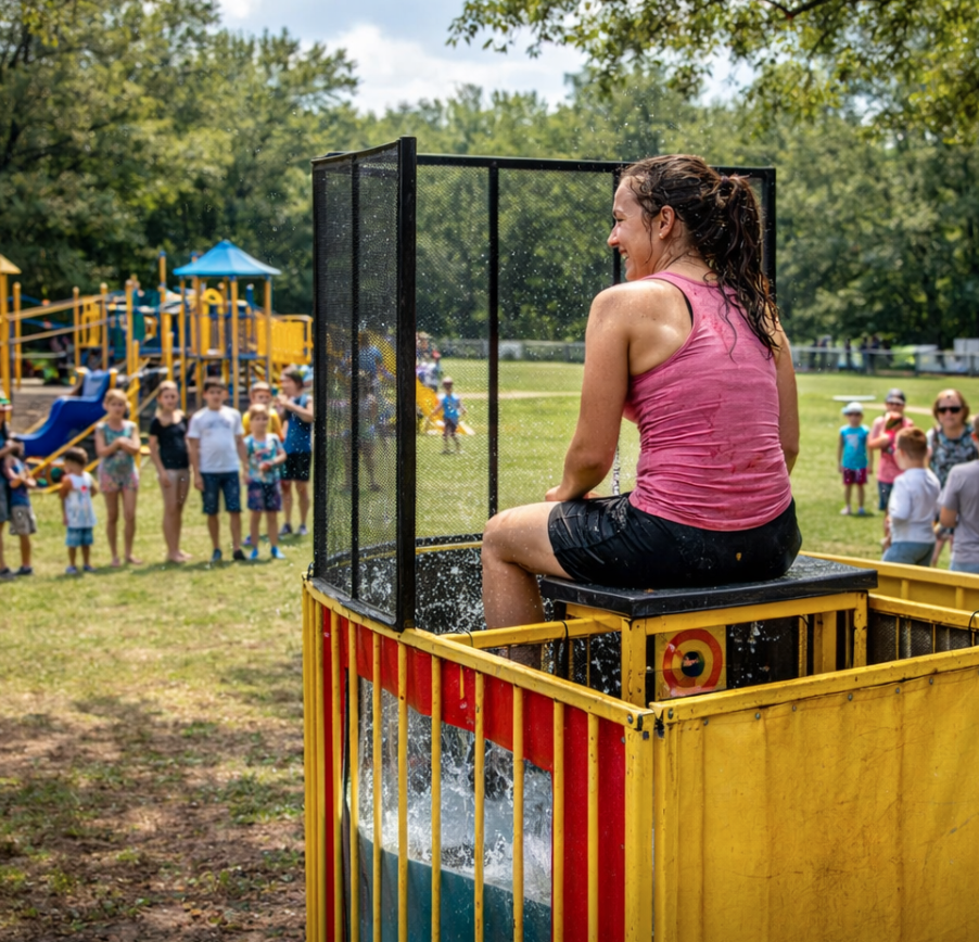 Wet-haired teacher sitting on a square yellow carnival dunk tank at a South Carolina school fundraiser event