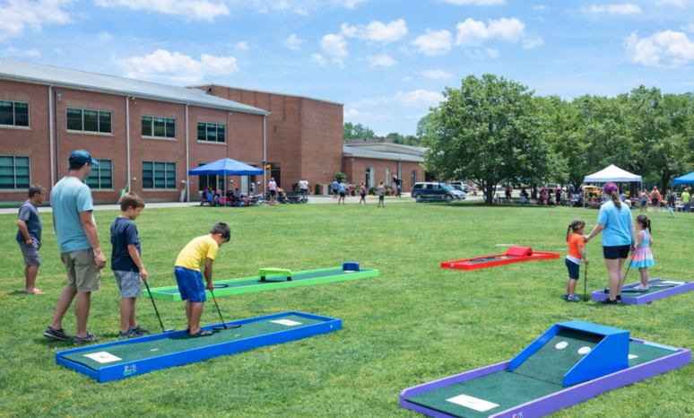 Portable 9-hole mini golf rental setup at a school field day in Greer, SC with kids and families enjoying outdoor games on a sunny afternoon.