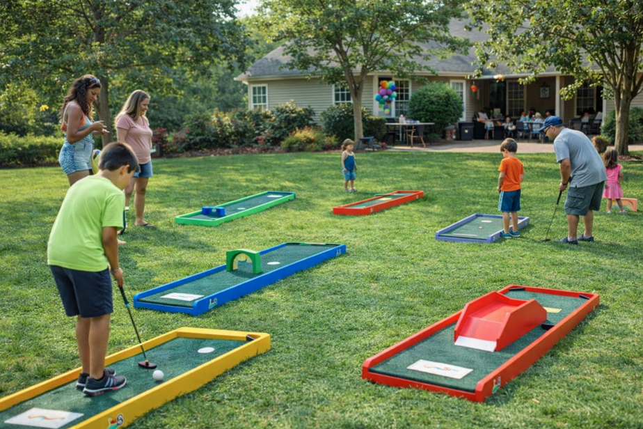 Portable 9-hole mini golf rental setup at a backyard party in Easley, SC with kids and parents enjoying games on a sunny afternoon.