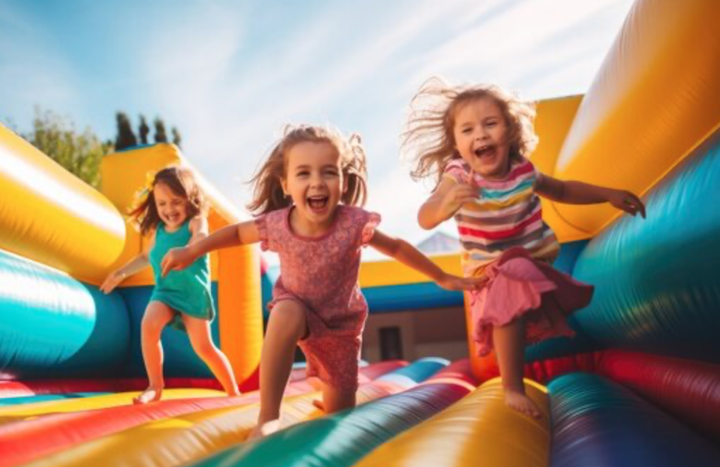 Children running and laughing inside a colorful bounce house at a spring party in Greenville, SC