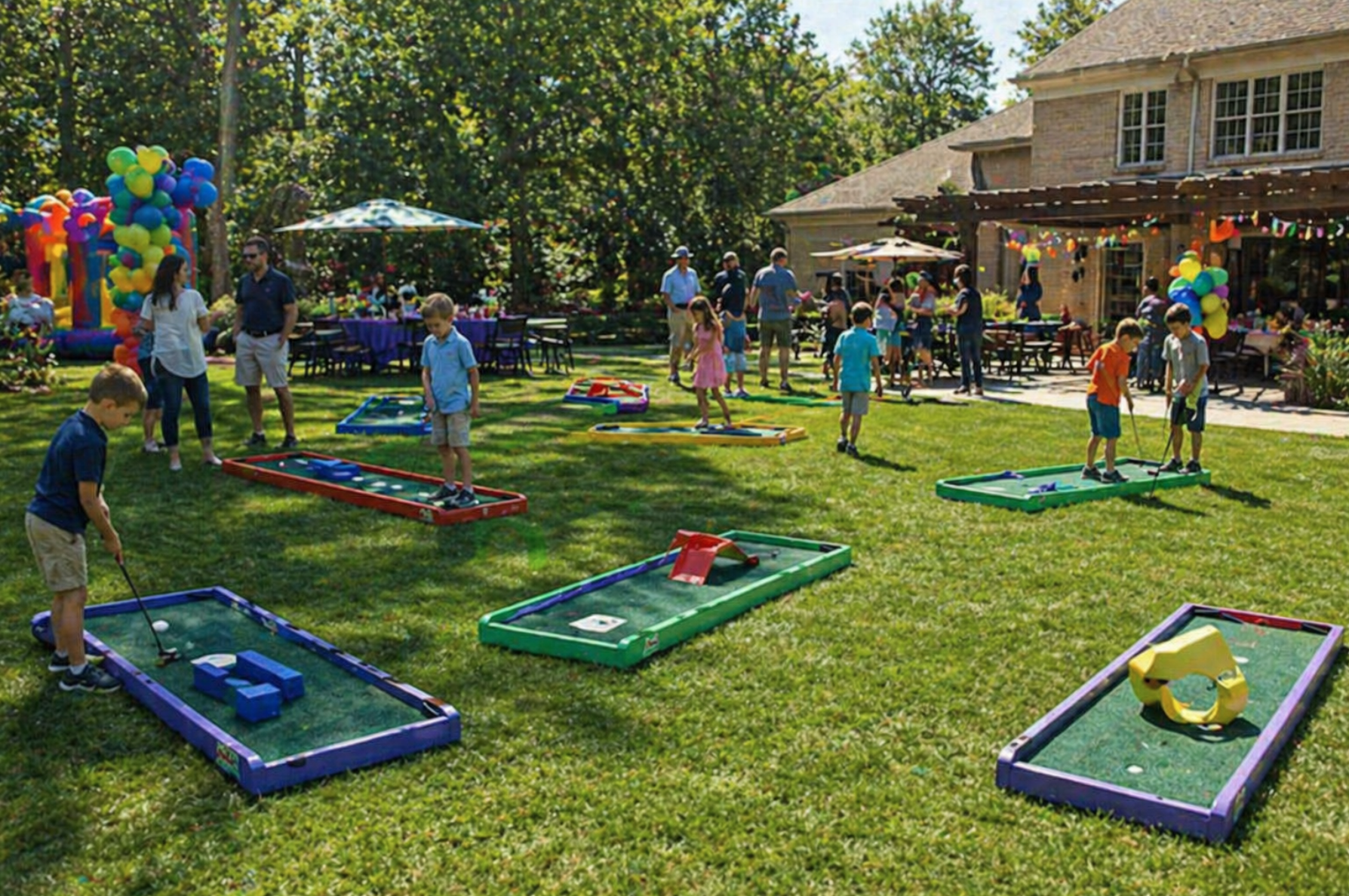Guests playing portable mini golf rentals in Travelers Rest, SC during a family gathering with realistic turf lanes and colorful obstacles. Mini golf rentals in Travelers Rest, South Carolina bring interactive fun to backyards, church events, and neighborhood parties. This portable setup is perfect for kids and adults of all ages