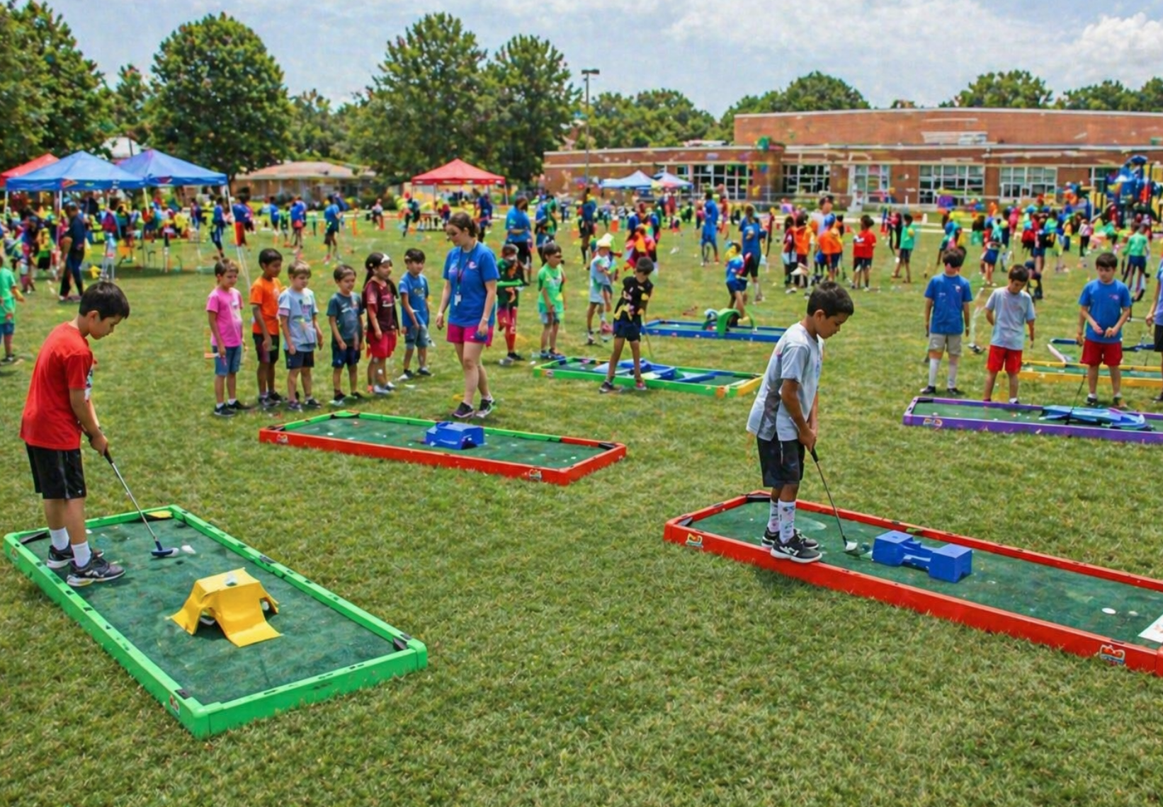 Children enjoying mini golf rentals in Mauldin, SC during a school field day with colorful portable putting lanes and organized outdoor fun. Mini golf rentals in Mauldin, South Carolina are an excellent choice for schools, PTO events, and family festivals. Professionally delivered courses create a safe and exciting attraction.