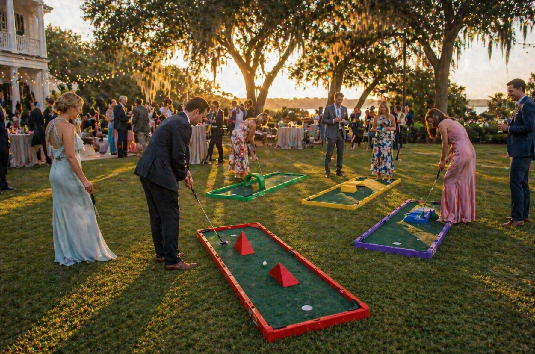 Elegant portable mini golf rentals in Gantt, SC set up during an outdoor wedding cocktail hour with guests enjoying lawn games at sunset. Mini golf rentals in Gantt, South Carolina add a unique upscale entertainment option for weddings, rehearsal dinners, and private events. Clean premium lanes create fun without losing elegance.