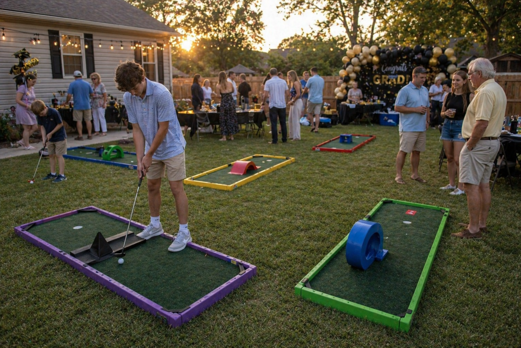 Backyard graduation party featuring portable mini golf rentals in Berea, SC with guests celebrating and playing on colorful mini golf lanes. Mini golf rentals in Berea, South Carolina are perfect for graduation parties, birthdays, and family celebrations. Professional setup and clean equipment create a memorable event experience.