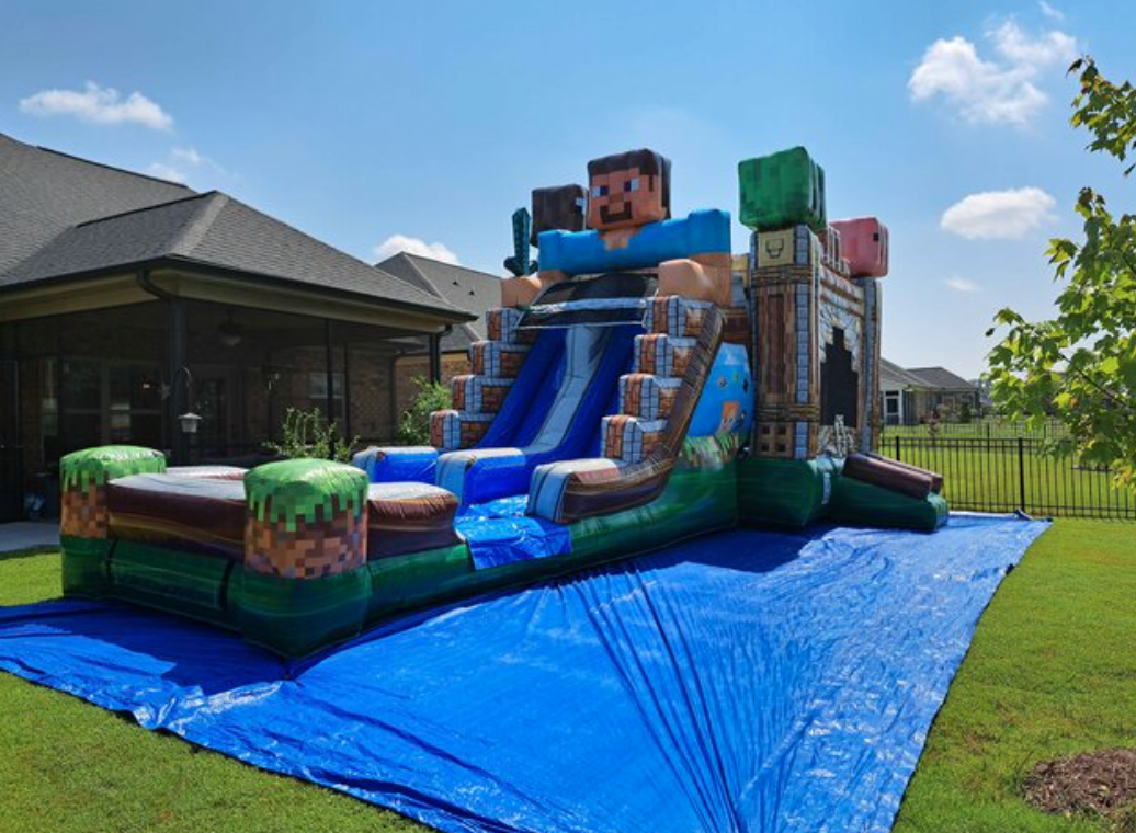 Themed inflatable water slide rental set up in a sunny Greenville, SC backyard for a last-minute May or early summer party. Colorful party rental with splash landing area, perfect for kids’ birthdays, school celebrations, and fast-turnaround summer events in Greenville.