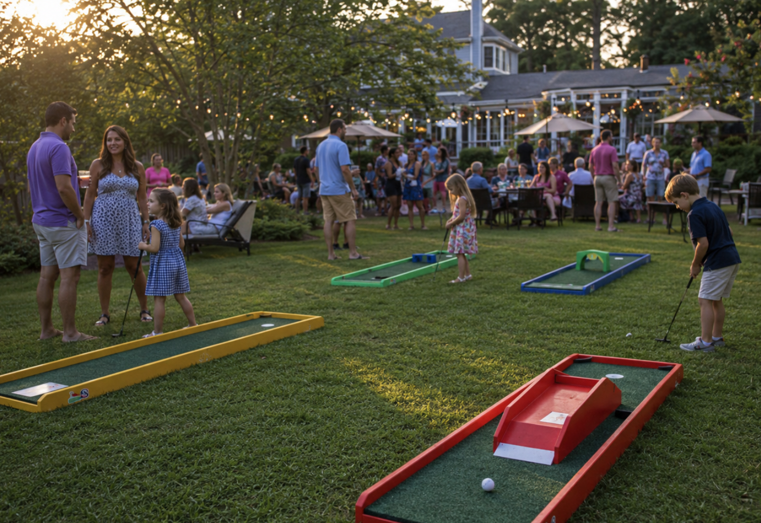 Portable mini golf rentals at a South Carolina backyard event during golden hour, with warm evening sunlight, long shadows, and guests gathered near outdoor tables and string lights. Colorful mini golf lanes provide a fun activity for children and adults at the celebration.