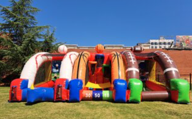 Sports inflatable game rental in Simpsonville, SC, featuring baseball, basketball, football, and soccer challenges for school events, church gatherings, birthday parties, and community celebrations.