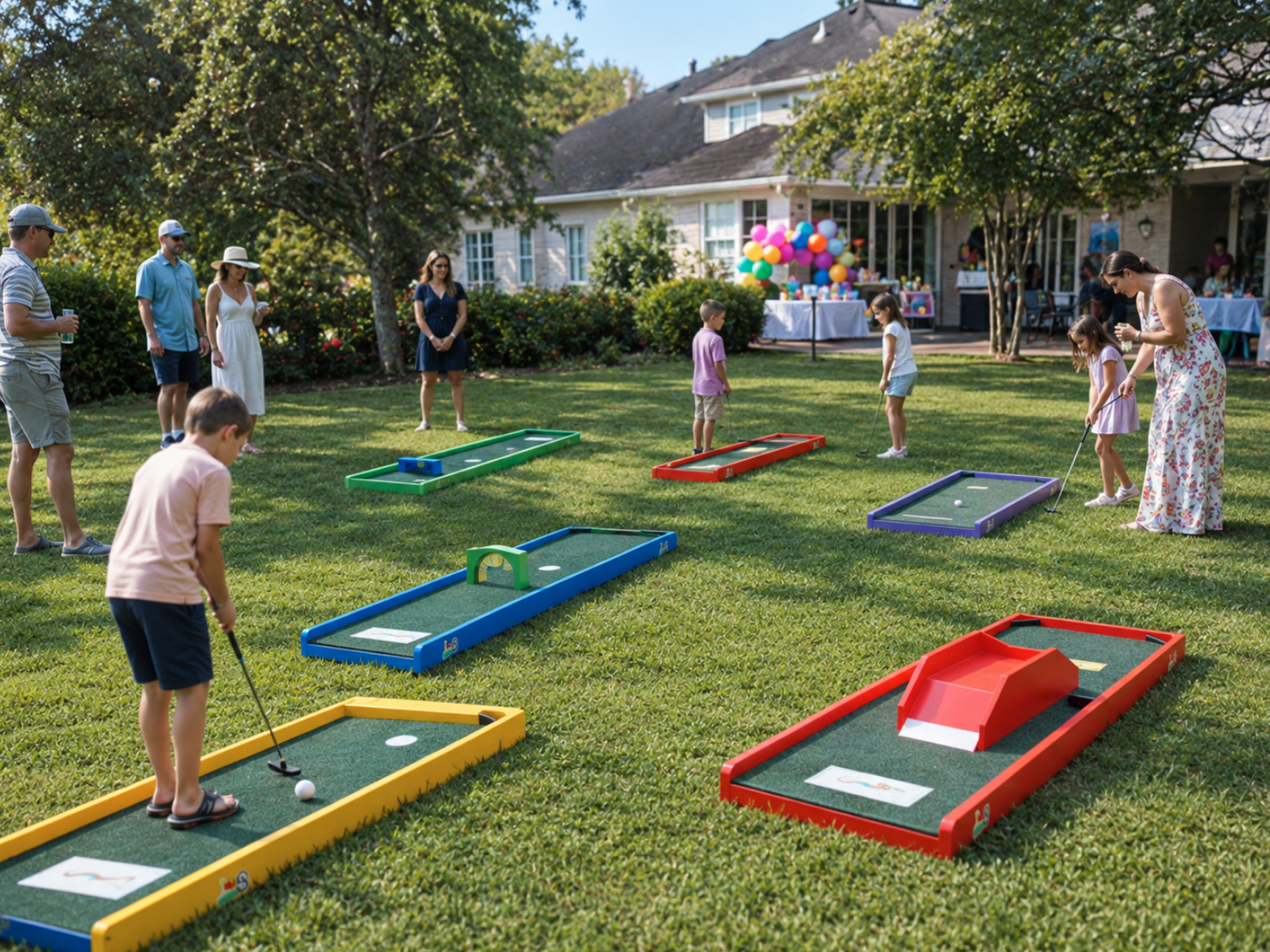 Portable mini golf rentals set up across a South Carolina backyard for a family birthday party, with colorful lanes, children playing, and adults watching nearby. The sunny outdoor scene features green grass, mature trees, balloons, and a cheerful party atmosphere.