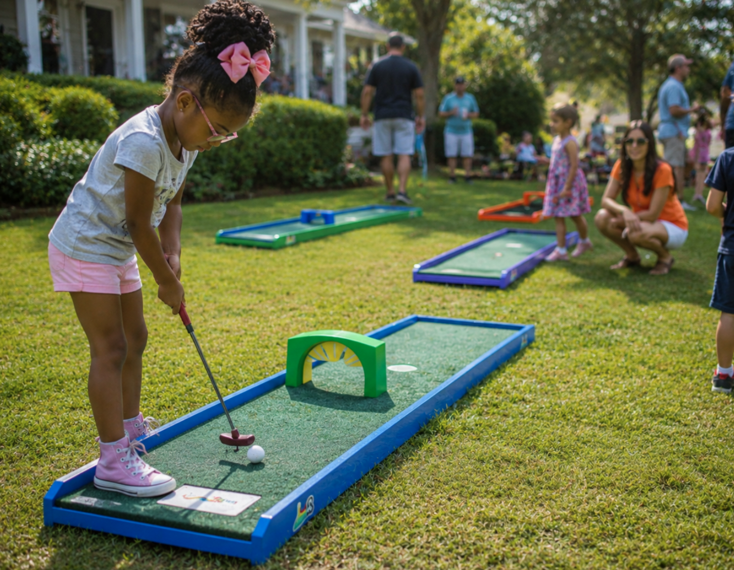 Child playing portable mini golf at a South Carolina backyard party, with a colorful mini golf lane in the foreground and other guests enjoying the event in the background. The image captures a realistic party moment with natural lighting and a fun family atmosphere.