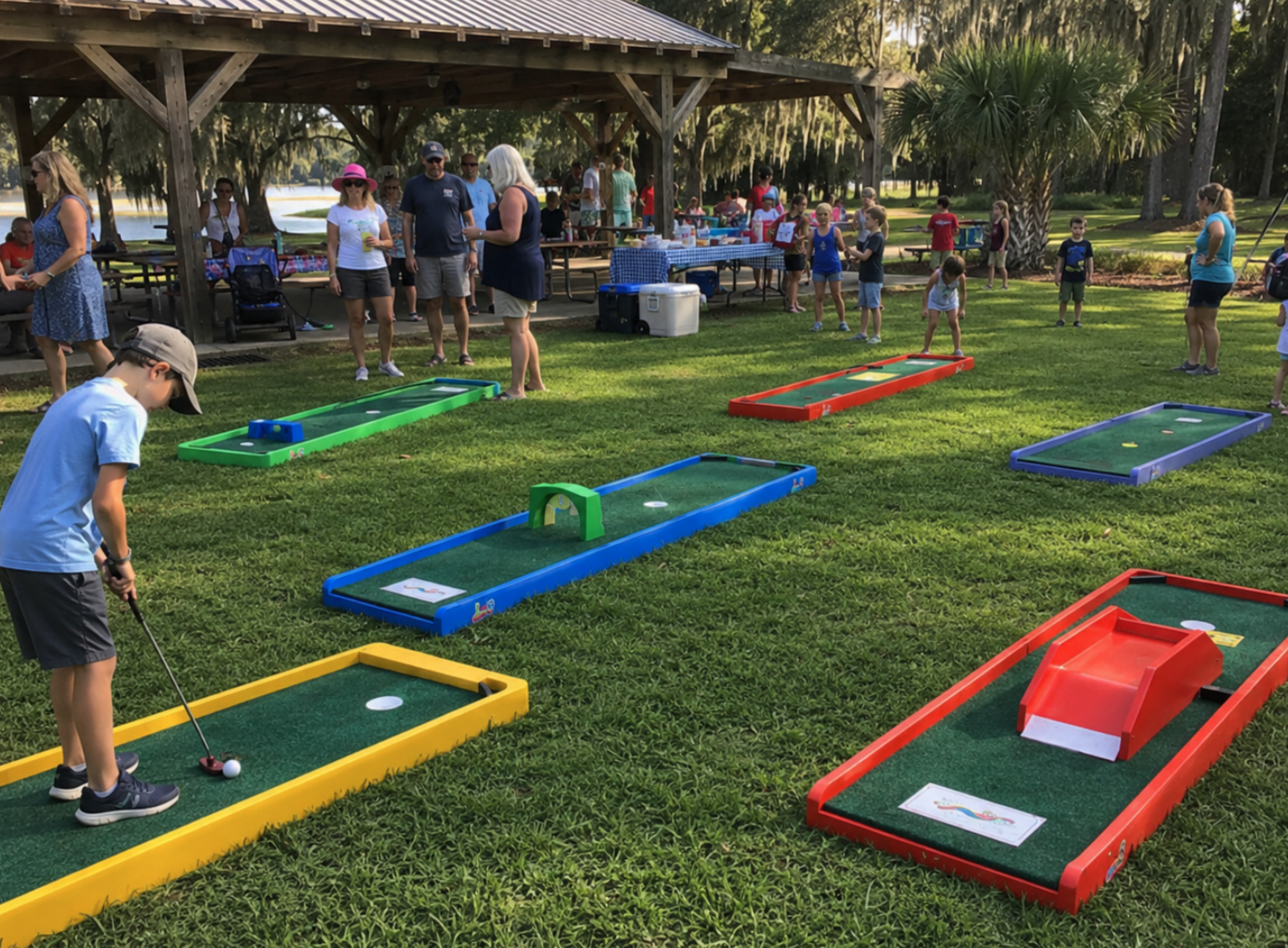 Portable mini golf rentals set up at a South Carolina park pavilion for a family-friendly community gathering, with colorful lanes placed on the grass near picnic tables and guests. Children and adults enjoy the outdoor mini golf course under mature trees with a picnic shelter in the background.