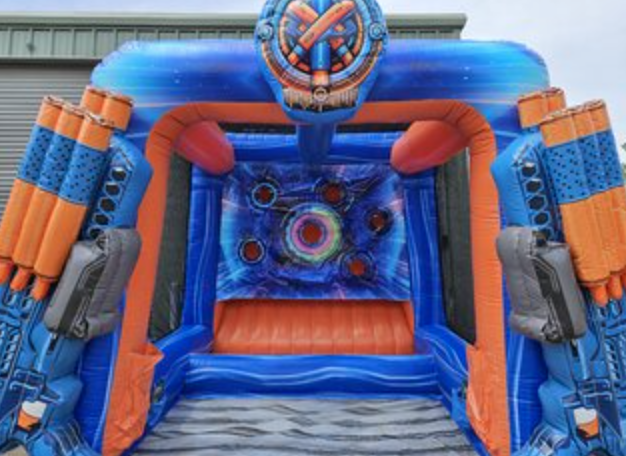 nflatable alien blaster shooting game with bright blue and orange space-themed graphics, target wall, and inflatable blaster details.