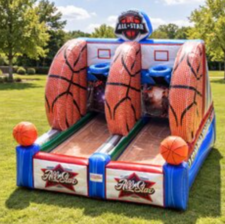 Basketball all-star inflatable game with three shooting lanes, oversized basketball graphics, and colorful sports-themed design.