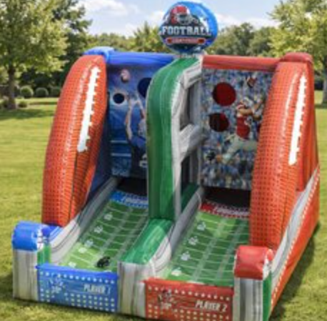 Football challenge inflatable game with two throwing lanes, target holes, football graphics, and competitive player stations.