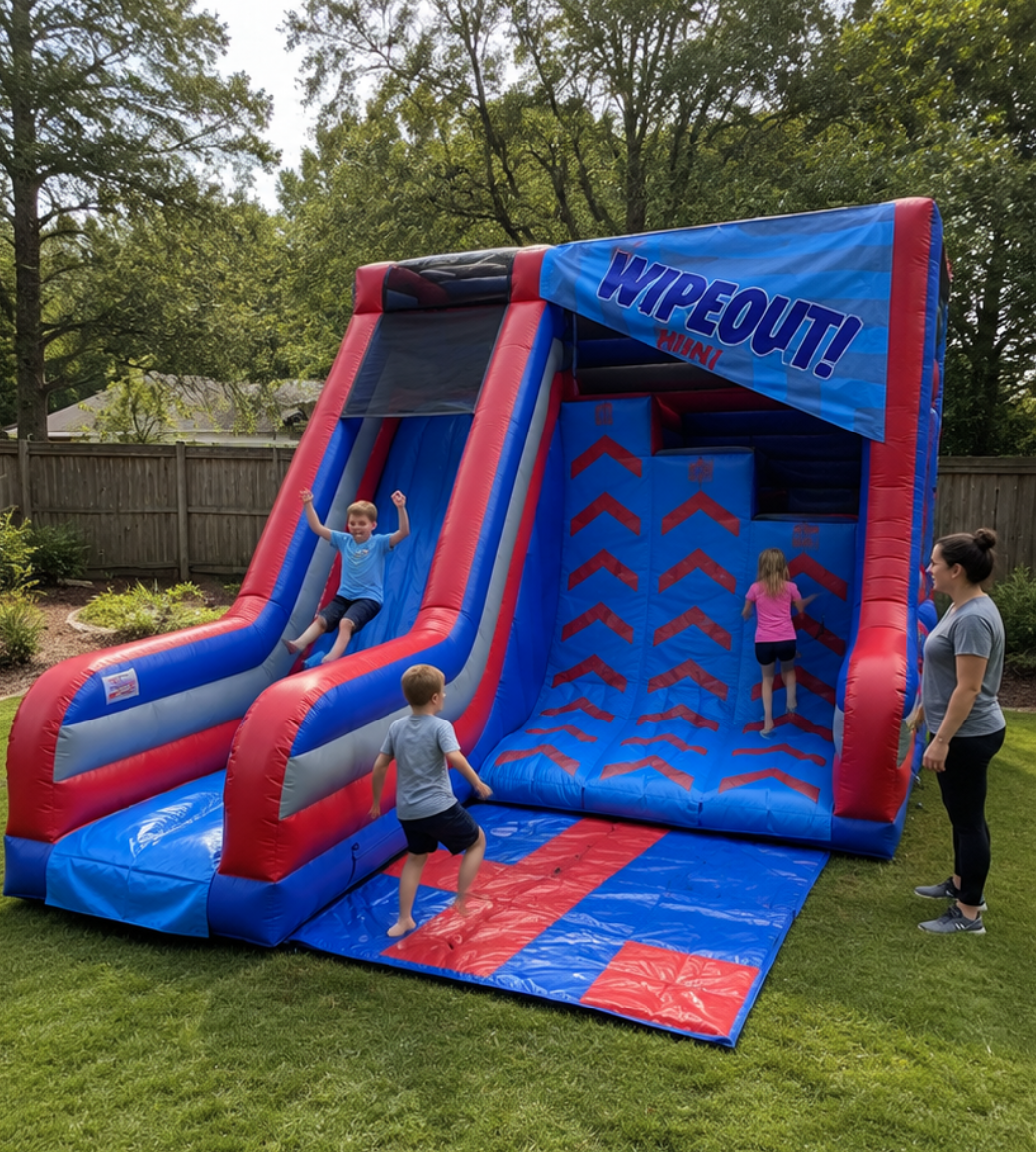 Wipeout inflatable climbing and slide game set up on a grassy lawn in Travelers Rest, SC, with children playing nearby.