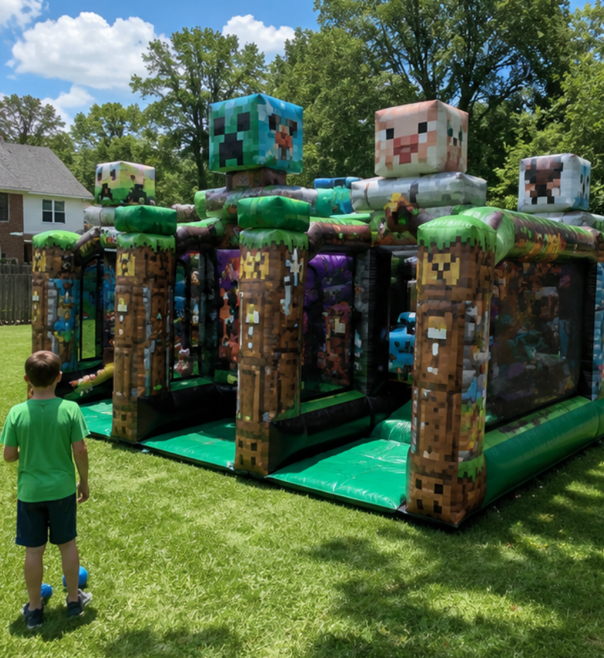 Block-themed inflatable obstacle course with colorful game characters set up for a family event in Parkers, SC.