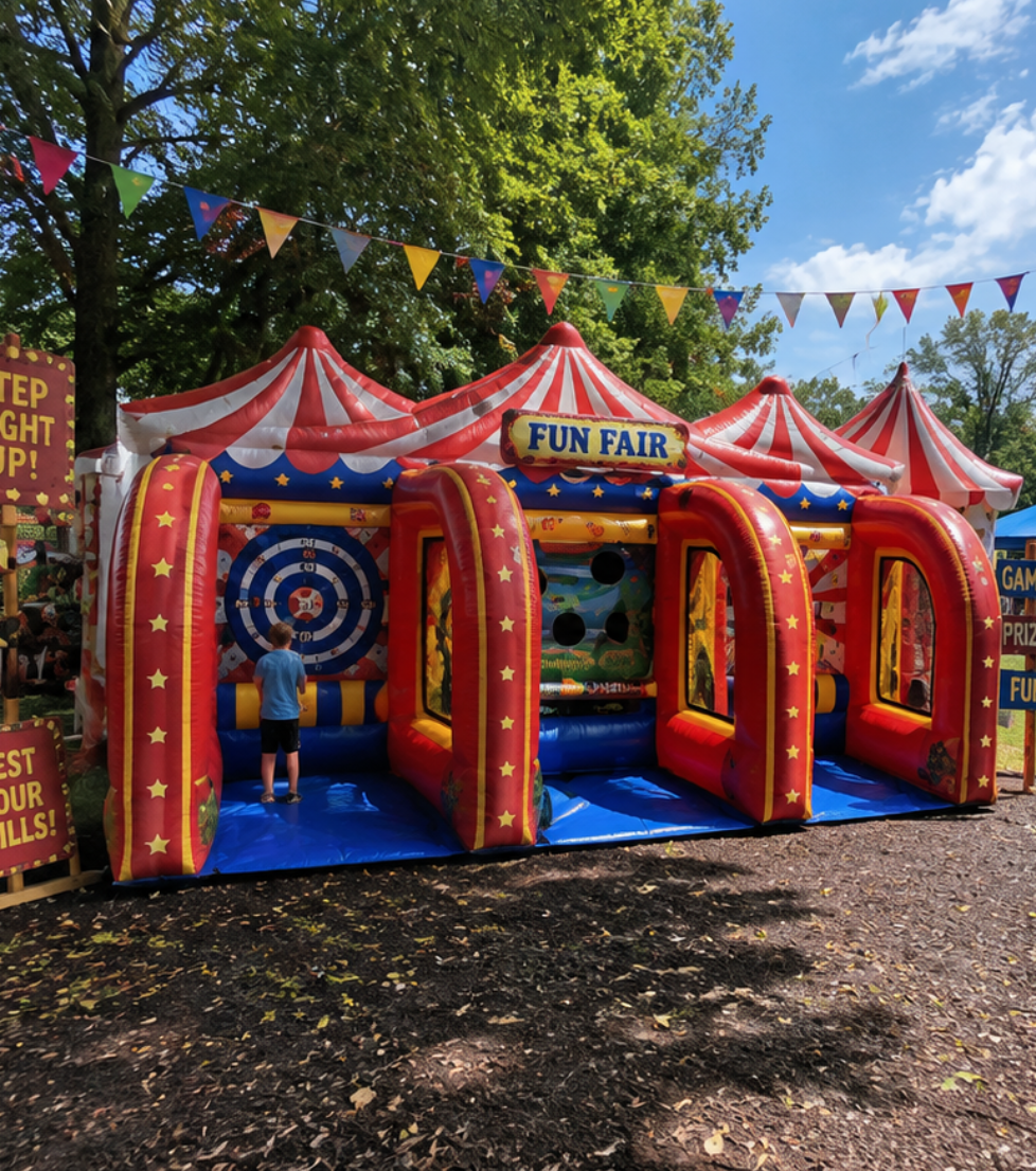 Colorful Fun Fair inflatable carnival game with multiple skill challenges at an outdoor event in Parkers, SC.