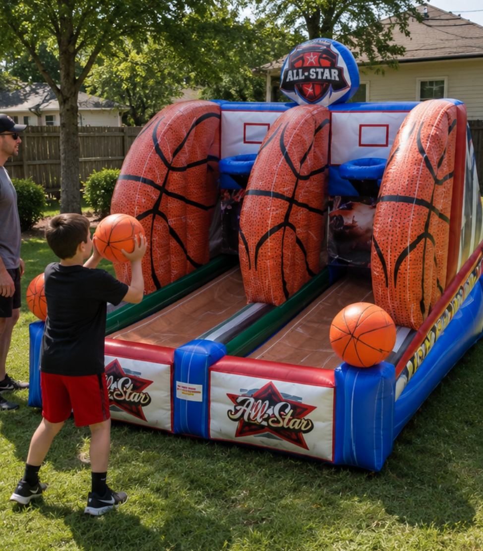 All-Star basketball inflatable game with two shooting lanes set up on a lawn in Wade Hampton, SC.