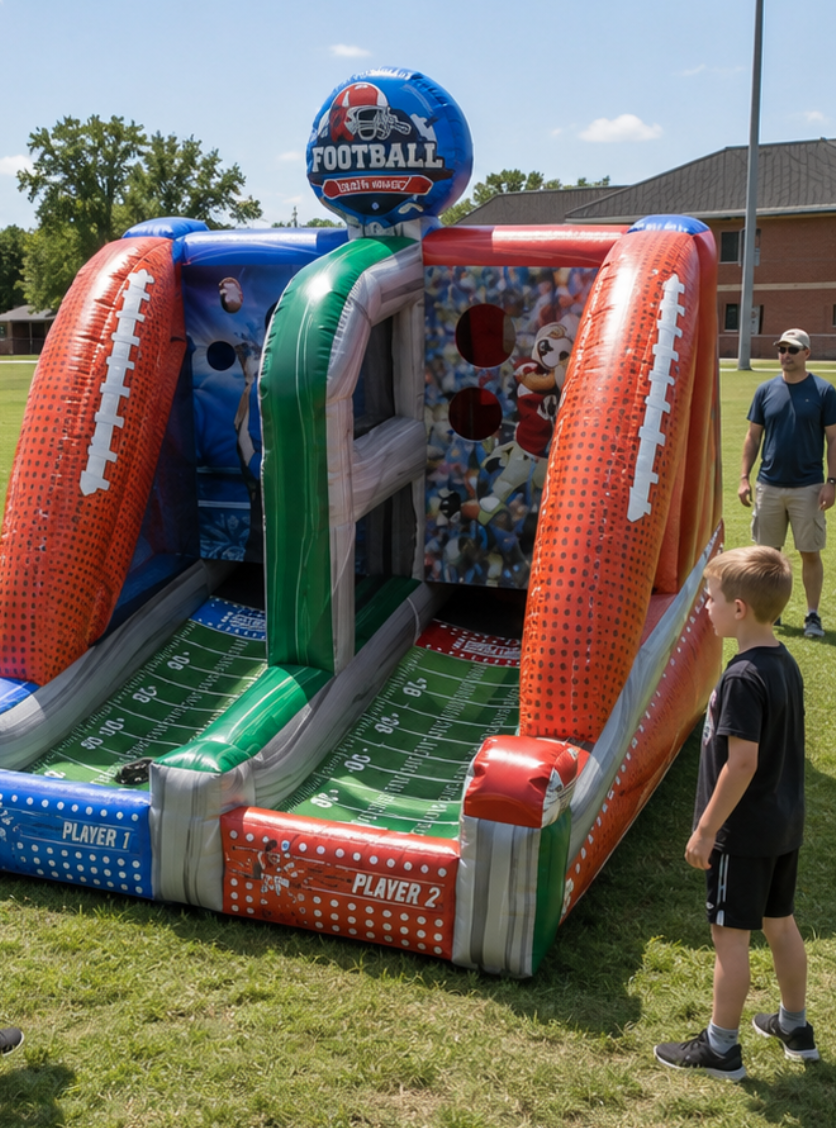 Dual-lane football toss inflatable game with target openings at an outdoor gathering in Wade Hampton, SC.